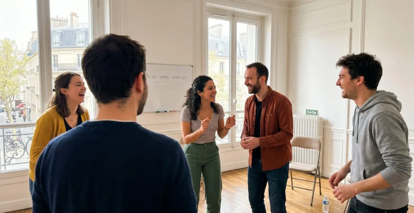 Quatre personnes debout dans une salle lumineuse lors d'un atelier d'improvisation, échangeant avec des gestes expressifs et des sourires authentiques