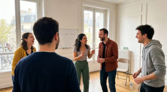 Quatre personnes debout dans une salle lumineuse lors d'un atelier d'improvisation, échangeant avec des gestes expressifs et des sourires authentiques