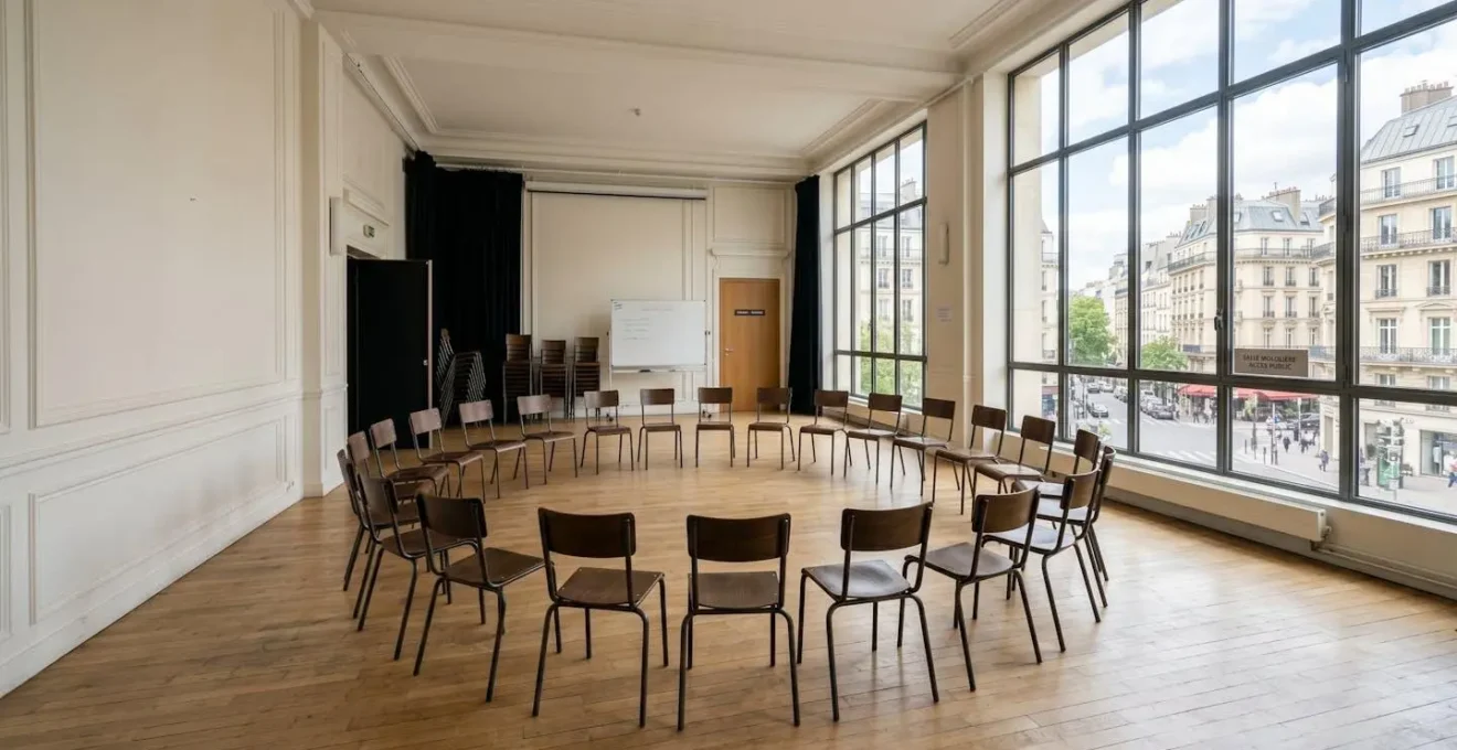 Salle d'atelier théâtre vide et lumineuse avec des chaises disposées en cercle, grande fenêtre laissant entrer la lumière naturelle, architecture contemporaine parisienne
