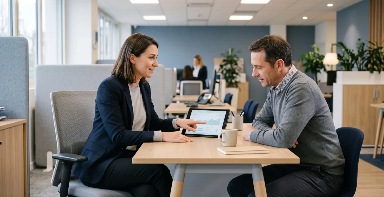 Un conseiller bancaire accompagne un client lors d'une consultation dans une agence bancaire moderne.