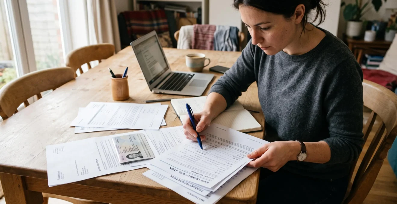 Une personne vérifie et organise des documents bancaires administratifs sur une table à domicile en préparation d'un transfert de compte.