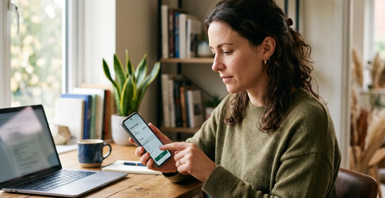 Une personne utilise son smartphone pour consulter une application bancaire mobile dans un environnement domestique moderne.