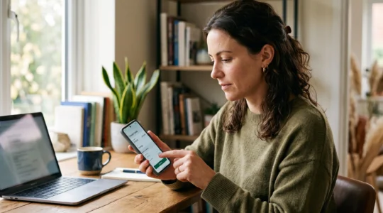 Une personne utilise son smartphone pour consulter une application bancaire mobile dans un environnement domestique moderne.